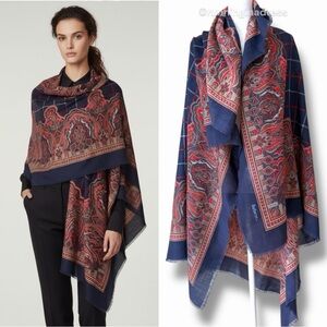 Vtg Burberrys Navy & Red Paisley Plaid 100% Laine Wool Large Scarf Shawl Wrap